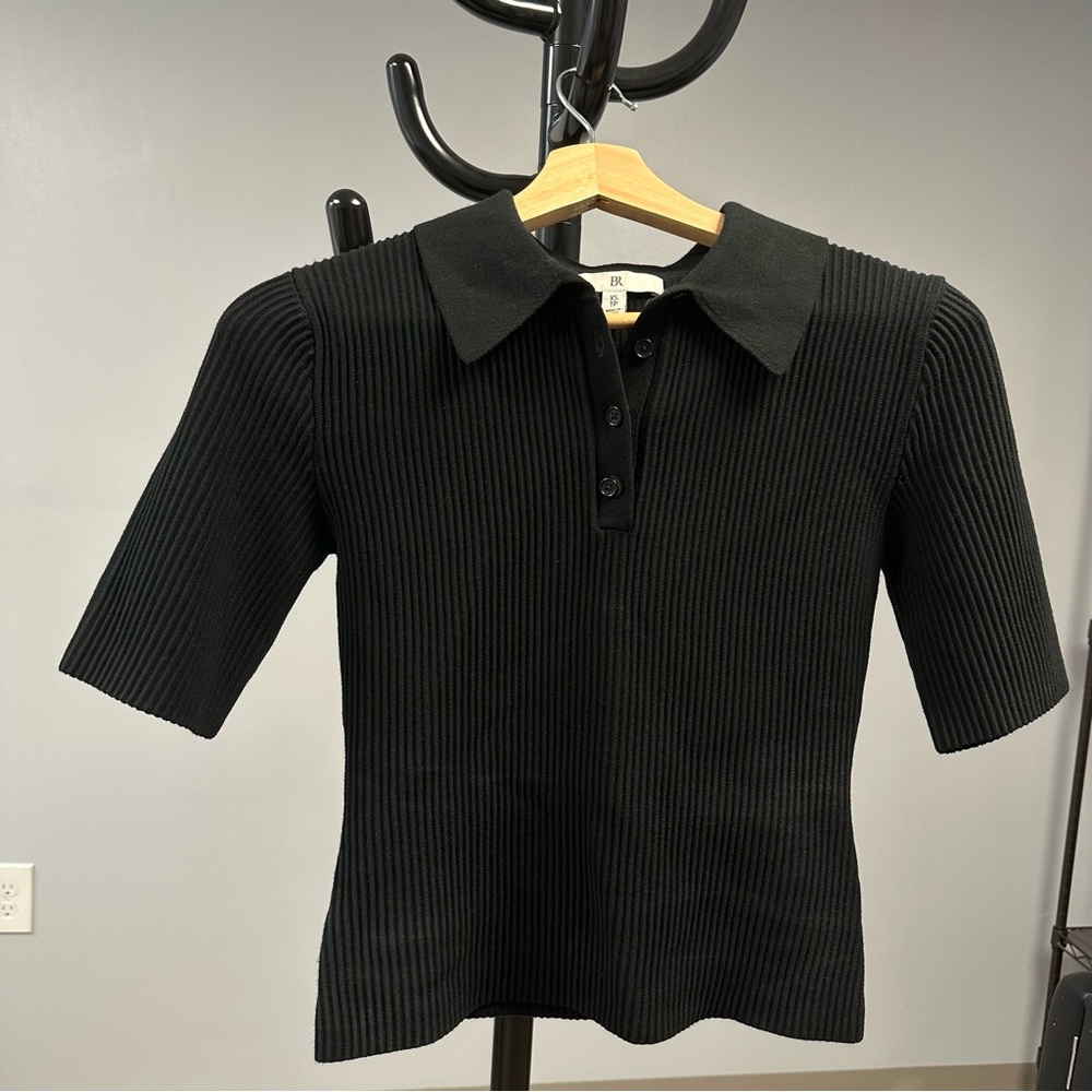 Banana Republic Sculpted Cropped Polo - Black Ribbed - Size XS